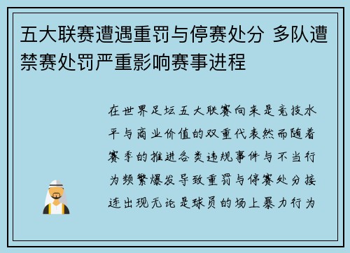 五大联赛遭遇重罚与停赛处分 多队遭禁赛处罚严重影响赛事进程